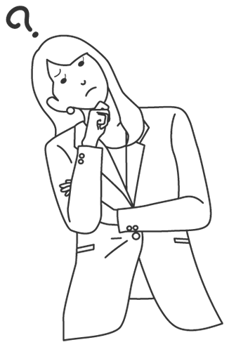 悩む表情で頬に手を当てるスーツ姿の女性のイラスト